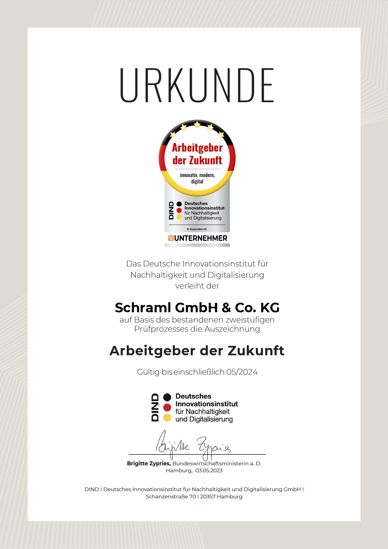 Urkunde - Schraml GmbH & Co KG - Arbeitgeber der Zukunft